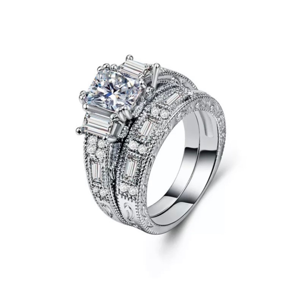 Gorgeous 2pc Silver Princess Cut Wedding Ring